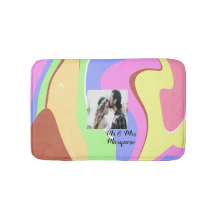 simple minimal add your name photo pink blue green bath mat