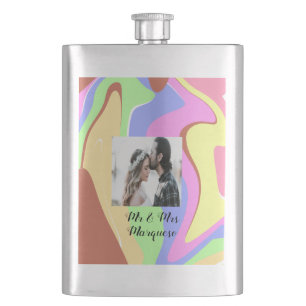 simple minimal add your name photo pink blue green hip flask