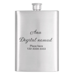 Simple minimal add your name text place city phone hip flask
