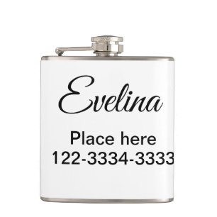 Simple minimal add your name text place city phone hip flask