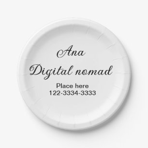 Simple minimal add your name text place city phone paper plate
