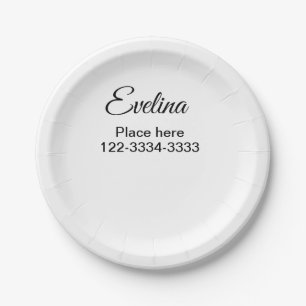 Simple minimal add your name text place city phone paper plate