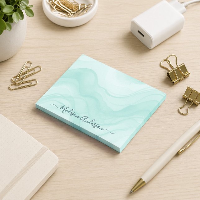 Simple Minimal Aqua Teal Watercolor Personalised Post-it Notes (Creator Uploaded)