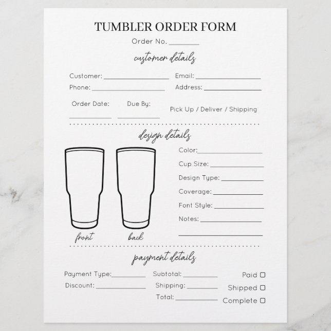 Simple Minimal Basic Tumbler Mug Cup Order Form Flyer (Front)