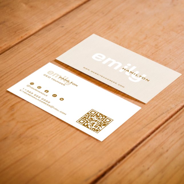 Simple Minimal Beige Linen White brown Typography Business Card (Creator Uploaded)