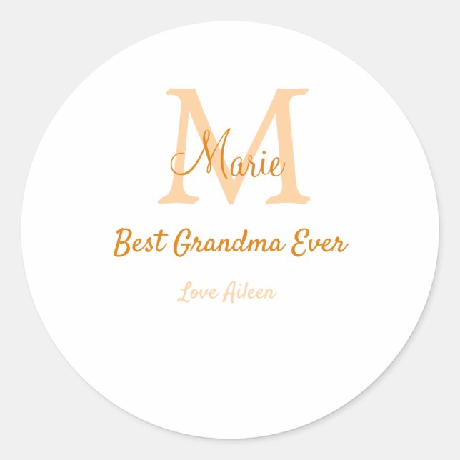 simple minimal best Grandma ever orange monogram Classic Round Sticker (Front)