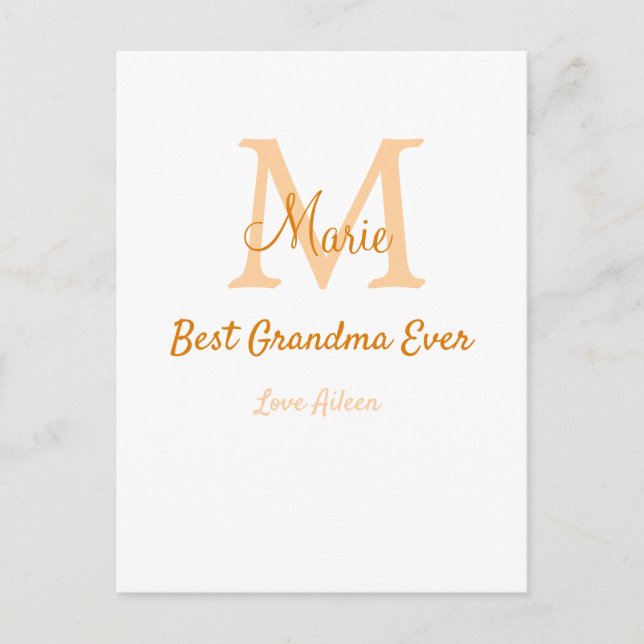 simple minimal best Grandma ever orange monogram Postcard (Front)