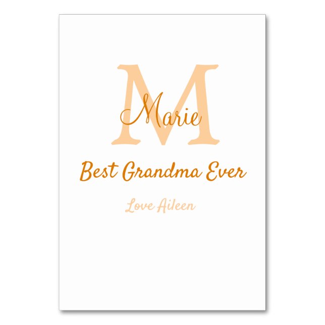 simple minimal best Grandma ever orange monogram Table Number (Front)