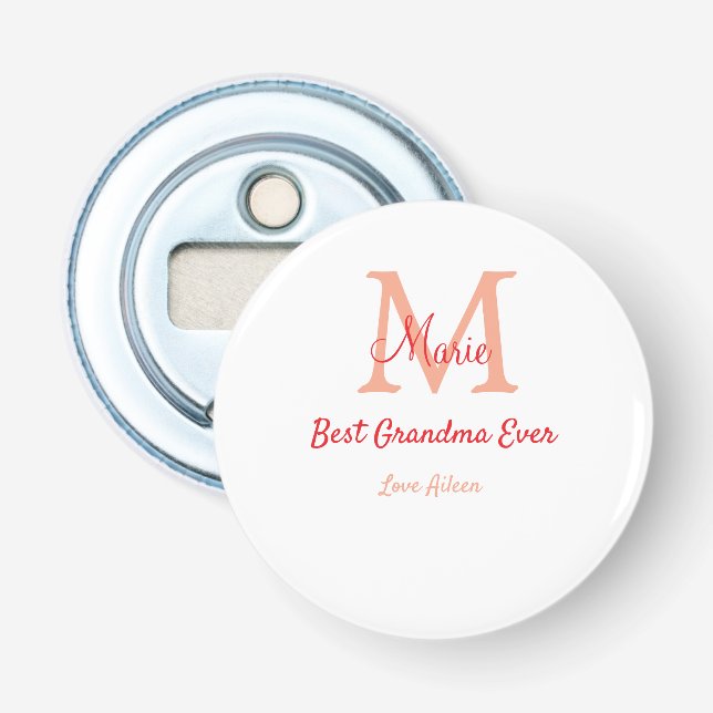 simple minimal best Grandma ever red monogram text Bottle Opener (Front)