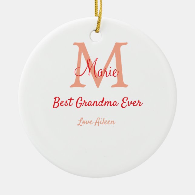 simple minimal best Grandma ever red monogram text Ceramic Tree Decoration (Front)