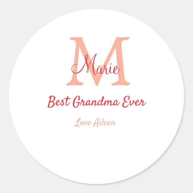 simple minimal best Grandma ever red monogram text Classic Round Sticker (Front)
