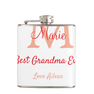 simple minimal best Grandma ever red monogram text Hip Flask