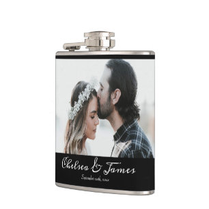 Simple Minimal Black Calligraphy Photo Name Hip Flask