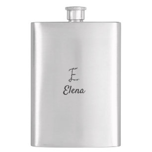 Simple minimal black monogram letter E add name Hip Flask