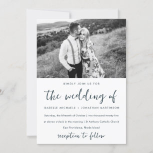 Simple Minimal Blue Photo Wedding Invitation