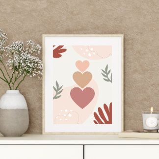 Simple Minimal Boho Art Leaf Hearts Plant Design Poster