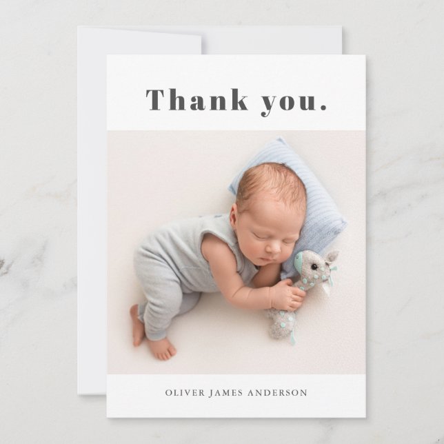 Simple Minimal Bold Typography Newborn Baby Photo Thank You Card (Front)