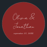 Simple Minimal Burgundy Red Script Wedding Classic Round Sticker<br><div class="desc">Simple Minimal Burgundy Red Script Wedding Classic Round Sticker</div>