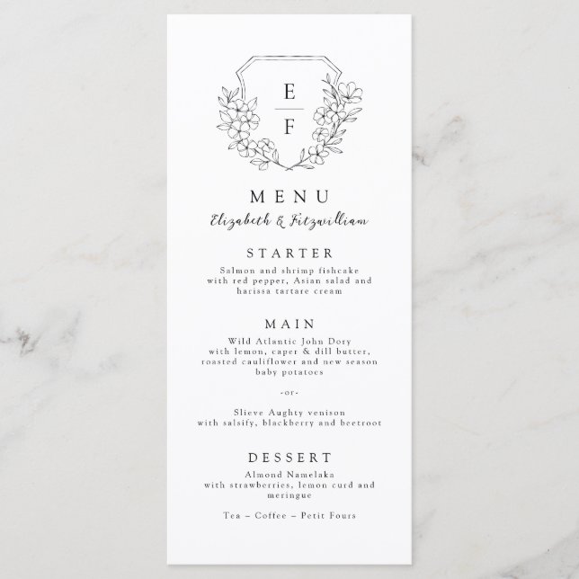 Simple Minimal Cherry Blossom Monogram Crest Menu (Front)