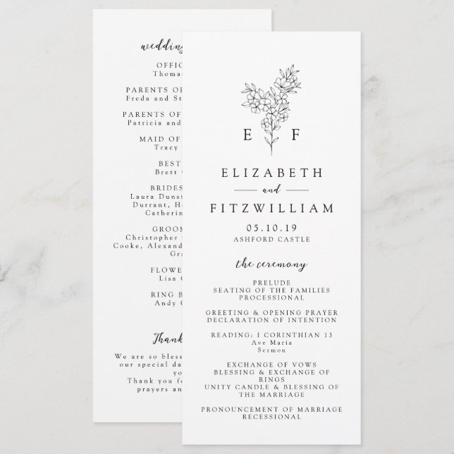 Simple Minimal Cherry Blossom Monogram Wedding Programme (Front/Back)