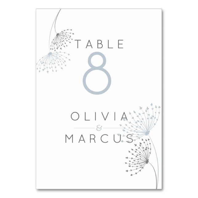 Simple Minimal Doodle Flowers Dusty Blue and Grey Table Number (Front)