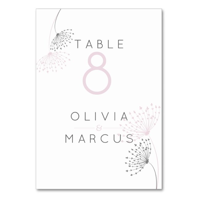 Simple Minimal Doodle Flowers Rose Pink and Grey Table Number (Front)