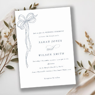 Simple Minimal Dusky Blue Coquette Bow Wedding Invitation