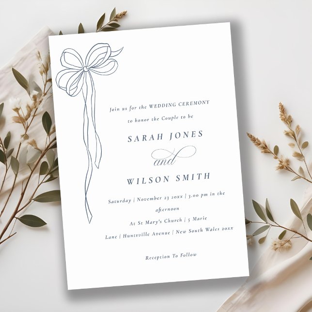 Simple Minimal Dusky Blue Coquette Bow Wedding Invitation (Creator Uploaded)