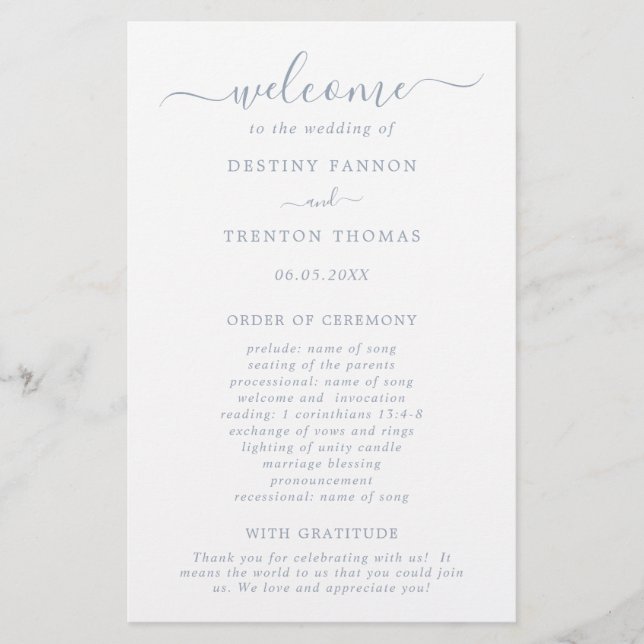 Simple Minimal Dusty Blue Budget Wedding Program Flyer (Front)