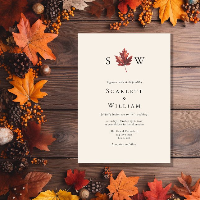 Simple Minimal Fall Leaf Cream Monogram Wedding Invitation (Creator Uploaded)