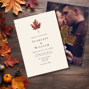 Simple Minimal Fall Leaf Cream Photo Wedding Invitation