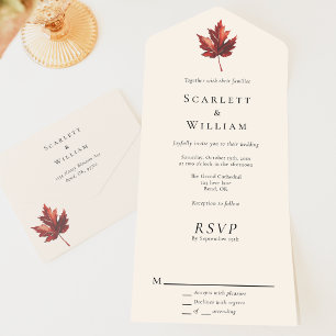 Simple Minimal Fall Leaf Cream Wedding All In One Invitation