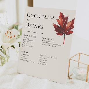Simple Minimal Fall Leaf Cream Wedding Drinks Bar Pedestal Sign