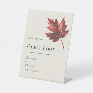 Simple Minimal Fall Leaf Cream Wedding Guest Book Pedestal Sign