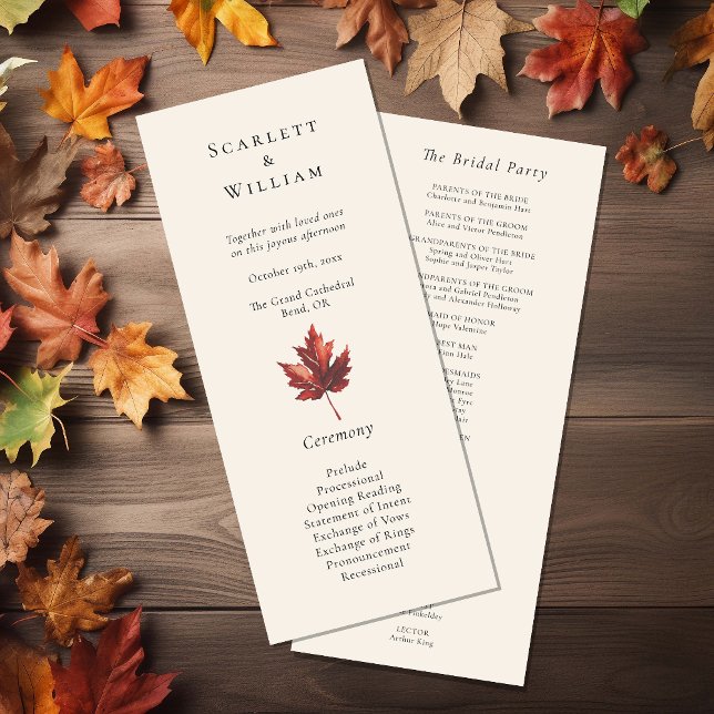 Simple Minimal Fall Leaf Cream Wedding Programme (Creator Uploaded)