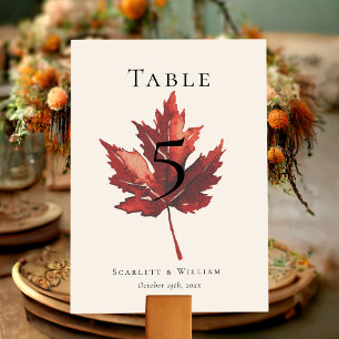 Simple Minimal Fall Leaf Cream Wedding Table Number