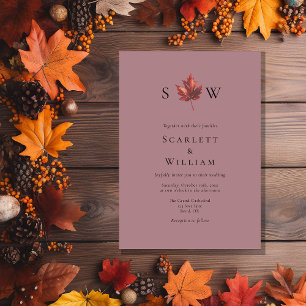 Simple Minimal Fall Leaf Mauve Monogram Wedding Invitation