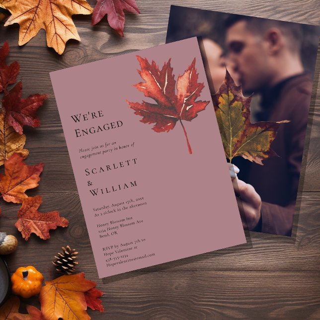Simple Minimal Fall Leaf Mauve Photo We're Engaged Invitation (Creator Uploaded)