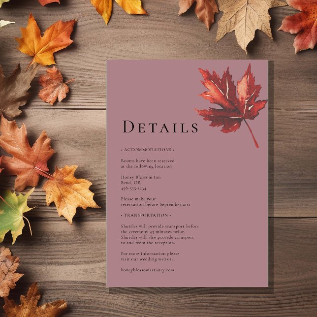 Simple Minimal Fall Leaf Mauve Wedding Details Enclosure Card (Creator Uploaded)