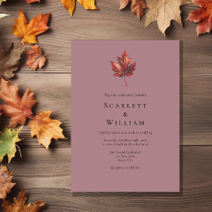 Simple Minimal Fall Leaf Mauve Wedding Invitation