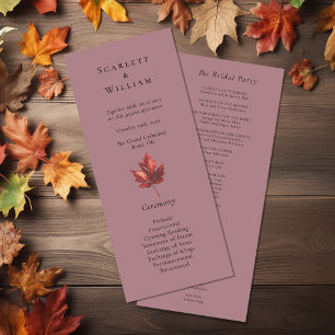 Simple Minimal Fall Leaf Mauve Wedding Programme