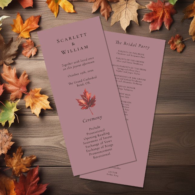 Simple Minimal Fall Leaf Mauve Wedding Programme (Creator Uploaded)
