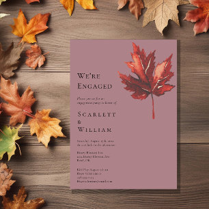 Simple Minimal Fall Leaf Mauve We're Engaged Invitation