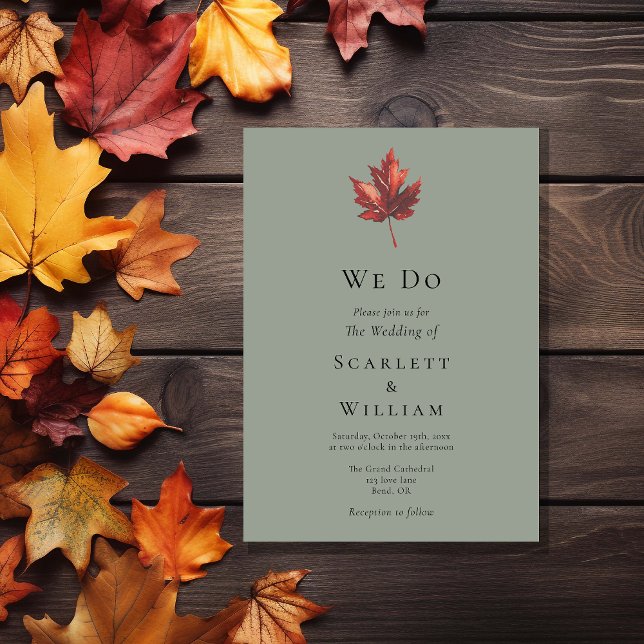 Simple Minimal Fall Leaf Sage Green We Do Wedding Invitation (Creator Uploaded)