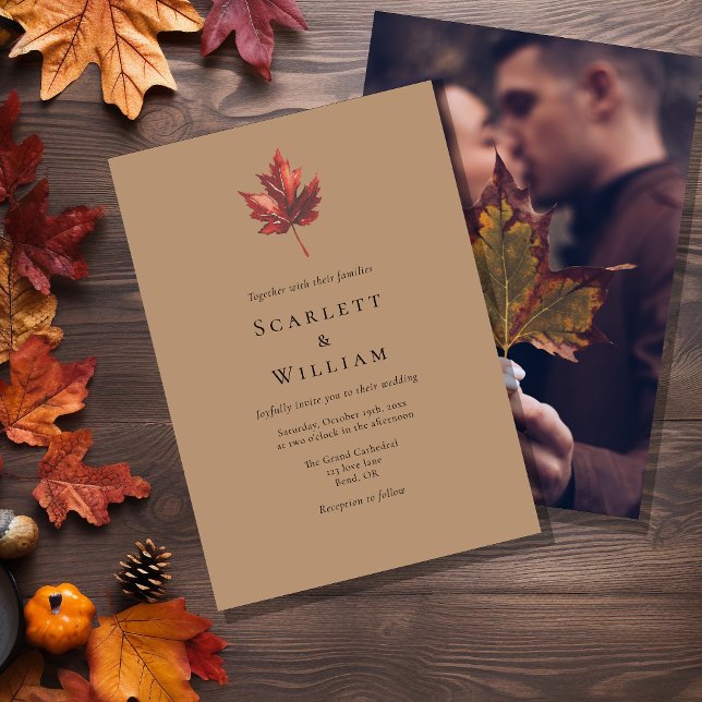 Simple Minimal Fall Leaf Terracotta Photo Wedding Invitation (Creator Uploaded)