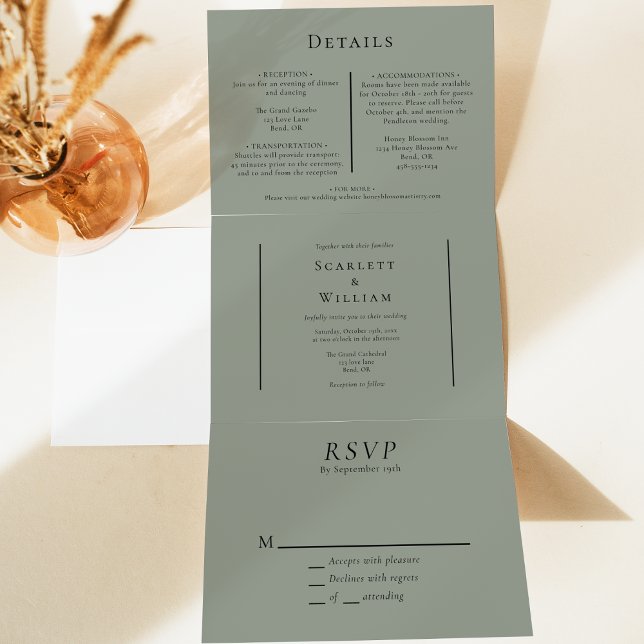 Simple Minimal Fall Sage Green Wedding Tri-Fold Invitation (Creator Uploaded)