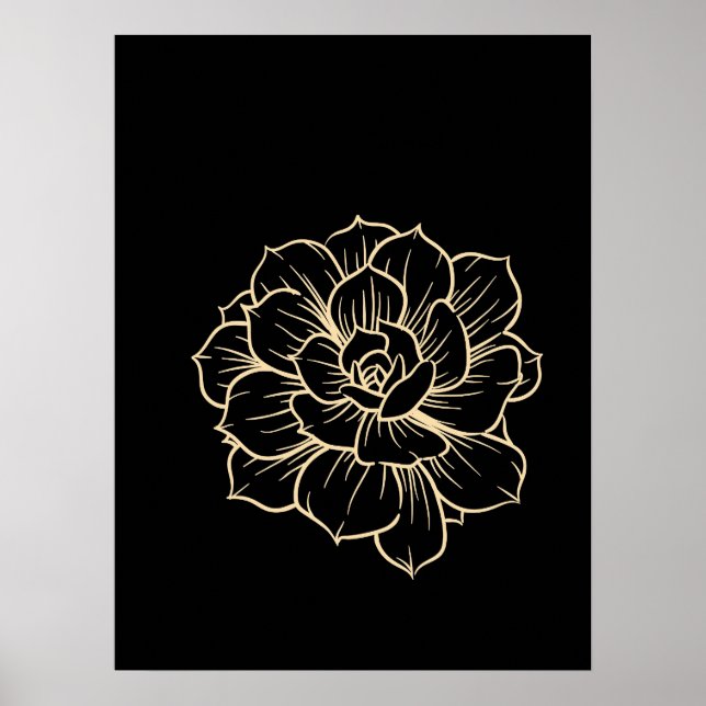 Simple Minimal Floral Line Art Flower Black Yellow Poster (Front)