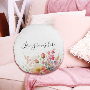 Simple Minimal Floral Love Grows Round Pillow