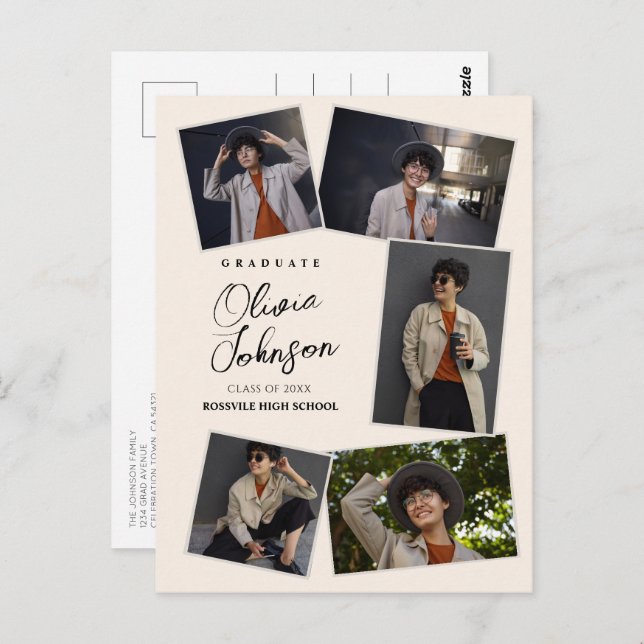 Simple Minimal Graduate Beige 6 Photo Announcement Postcard (Front/Back)