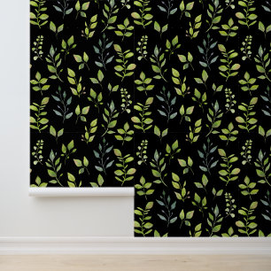 Simple Minimal Green Blue Leaf Pattern on Black Wallpaper
